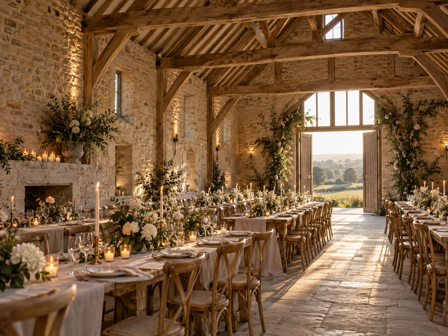 Illustrative candlelit barn interior with long wedding tables